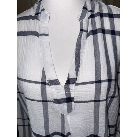 Liverpool Blue White Plaid Split Neck Long Sleeve Lightweight Blouse Size L - Picture 2 of 16